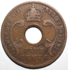 British East Africa Five Cents Coin 1936 H KM# 23 Edward VIII Abdicated 5