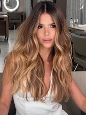 Human Hair New Fashion Layered Long Natural Golden Brown Wavy Women's Wigs 20in