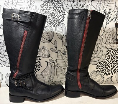 Sendra Spain Handmade Leather Tall Moto Biker Boot with red zippers Size 6.5