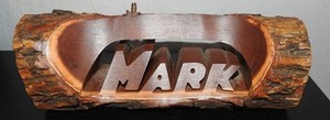 Solid Carved Walnut Log DESK Nameplate Live Edge Bark "MARK" Krause Iowa