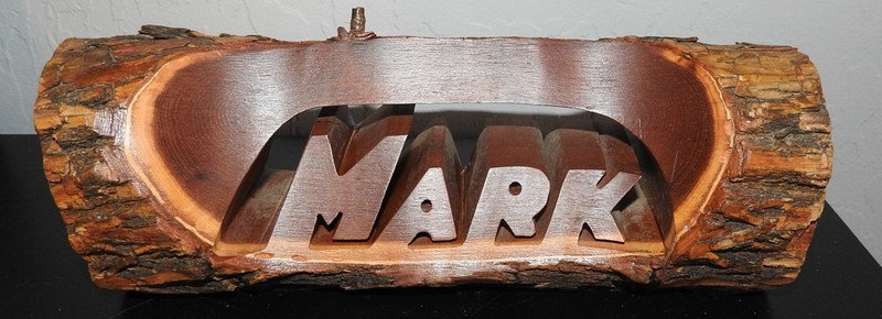 Solid Carved Walnut Log DESK Nameplate Live Edge Bark "MARK" Krause Iowa