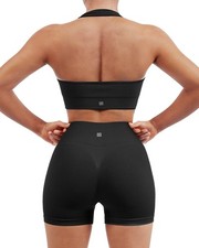Womens Seamless Ribbed Workout Set Backless Sports Bra Booty Biker Shorts