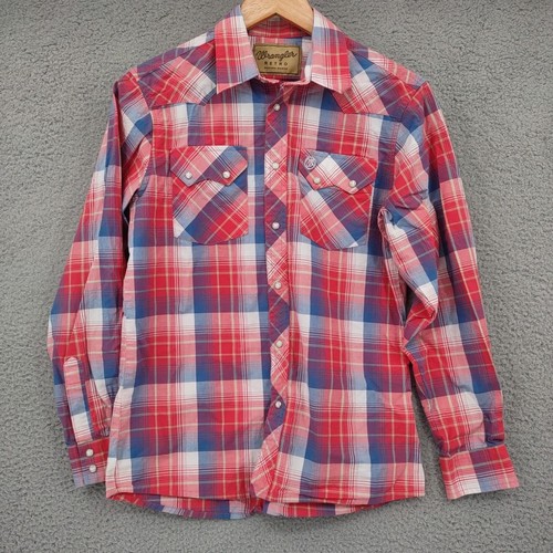 Wrangler Shirt Boy Size XL Orange Plaid Pearl Snap Retro Western Cowboy Rodeo
