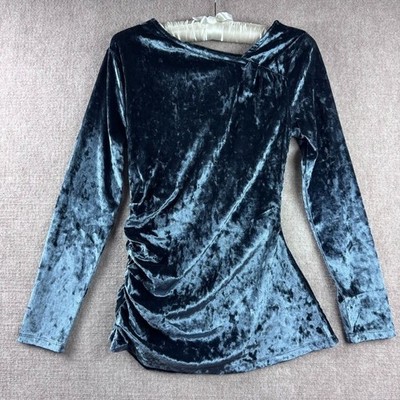 Betabrand Crushed Velvet Ruched Long Sleeve Top XS Ink Blue Goth Glam Moody