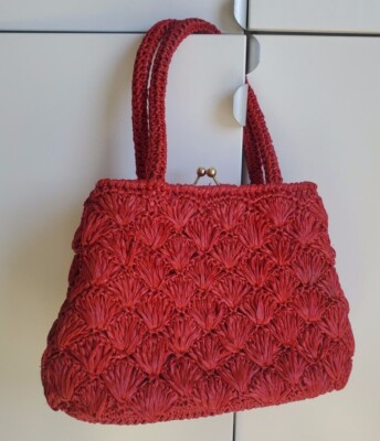 Vintage 50s 60s Red Raffia Straw Handbag Purse Kisslock Preppy Old