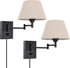 Set of 2 Plug-in Swing Arm Wall Sconces with Beige Fabric Shades