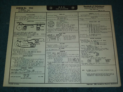 1952 DODGE CAR 6CYL TUNE-UP & WIRING DIAGRAM CHART / VINTAGE D-41 D-42
