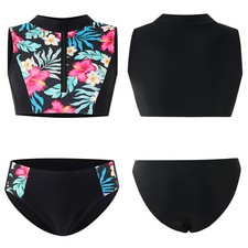 Girls Bathing Suit Mock Neck Tankini Set Surfing Swimsuits Tropical Bottoms