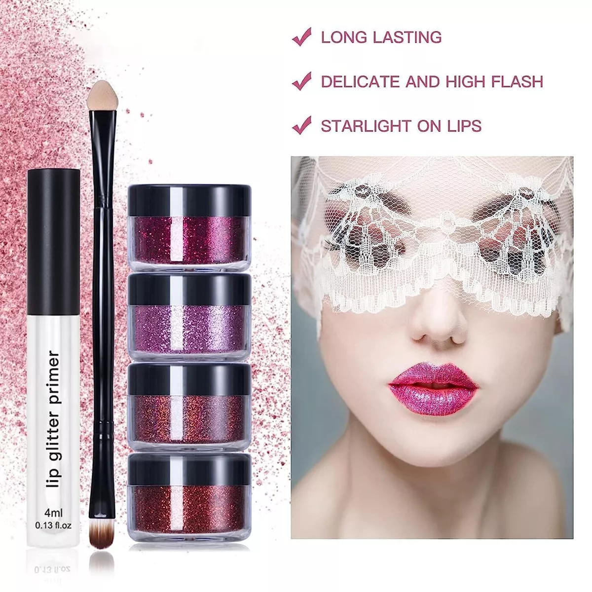  Kawaii Kisses Glitter Lip Kit, Sparkly Diamond and Metallic Lip  Gloss, Lip Gloss Lipstick, Glitter Lip Makeup, 4 Colors Glitter Lip Kit  with Lip Primer and Brush (Warm color) 