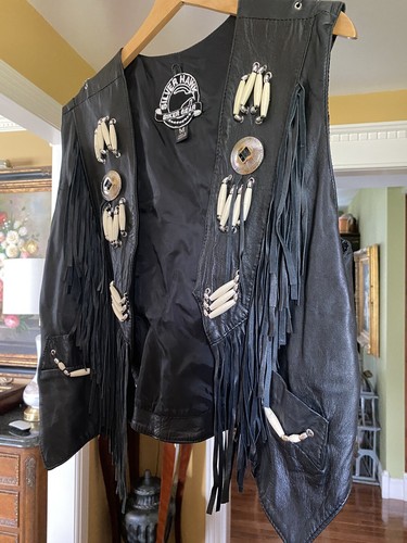 VTG Silver Hawk Biker Gear Black Ladies Fringed Vest . With Bone Look Accents - Picture 16 of 24