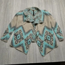 ReneeC Sweater Womens S Blue Beige Wool Mohair Blend Open Cardigan Native Aztec