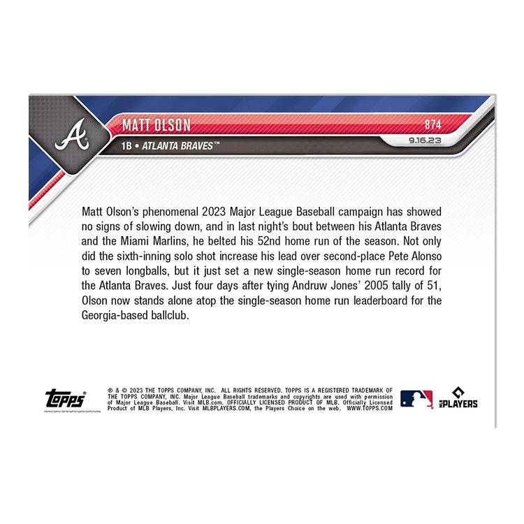 2023 MLB Topps Now #874 Matt Olson Breaks Braves Record with 52nd HR - Image 2 of 2