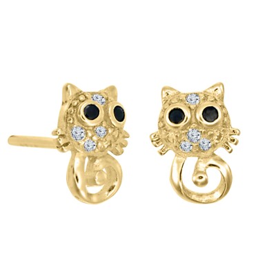 0.05Ct Black & White Real Diamond Meow Studs Earrings in 14K Yellow Gold Plated
