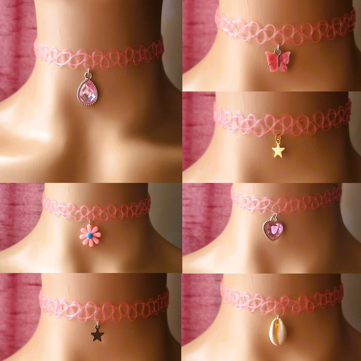 Tattoo Choker Stretch Necklace Pink Charm Retro Vintage Elastic Adjustable  Goth