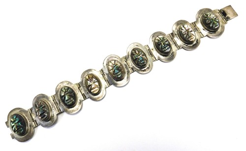 Vintage Mexico 925 Sterling Silver Carved Abalone Hinged Panel Link Bracelet - Picture 12 of 13