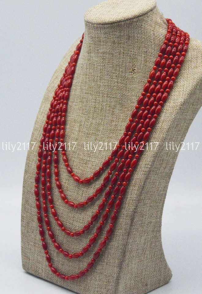 Collar de 5 filas de cuentas de arroz coral rojo natural de 5x9 mm broche de flores concha de 17-26"" Foto 3 de 4