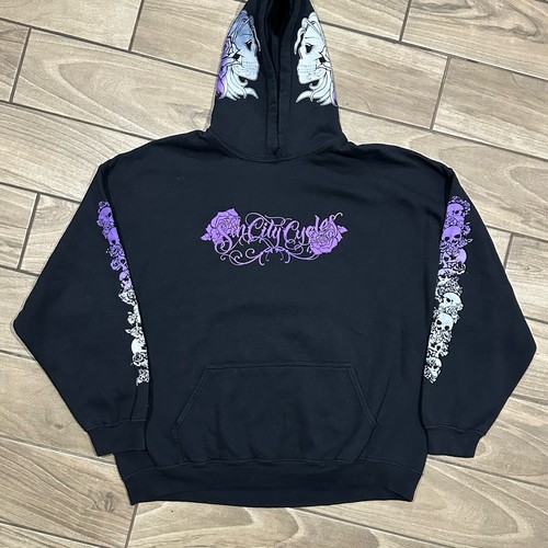 Sin City Cycles Hoodie 2XL Lynn Black Motorcycle Bubble Print Purple Skull