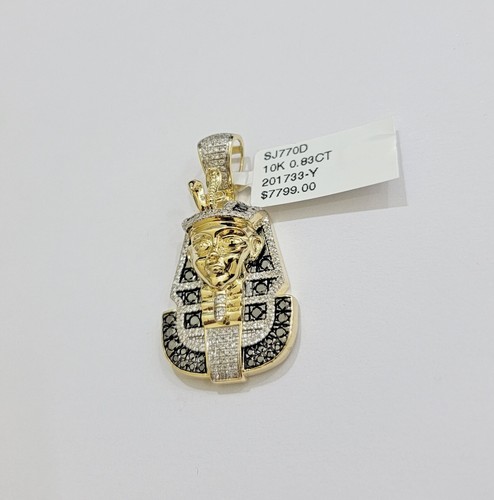 Real 10k Yellow Gold Pharoah Head Charm Pendant With black & White Diamonds Mens - Picture 3 of 8