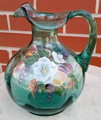 Fenton Sea Mist Green Ruffle Edges Pitcher Hand Painted Signed J Cutshaw 7"