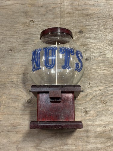 VTG Glass Nut Dispenser Jar Wood Base Gumball Country Kitchen Farmhouse Carousel