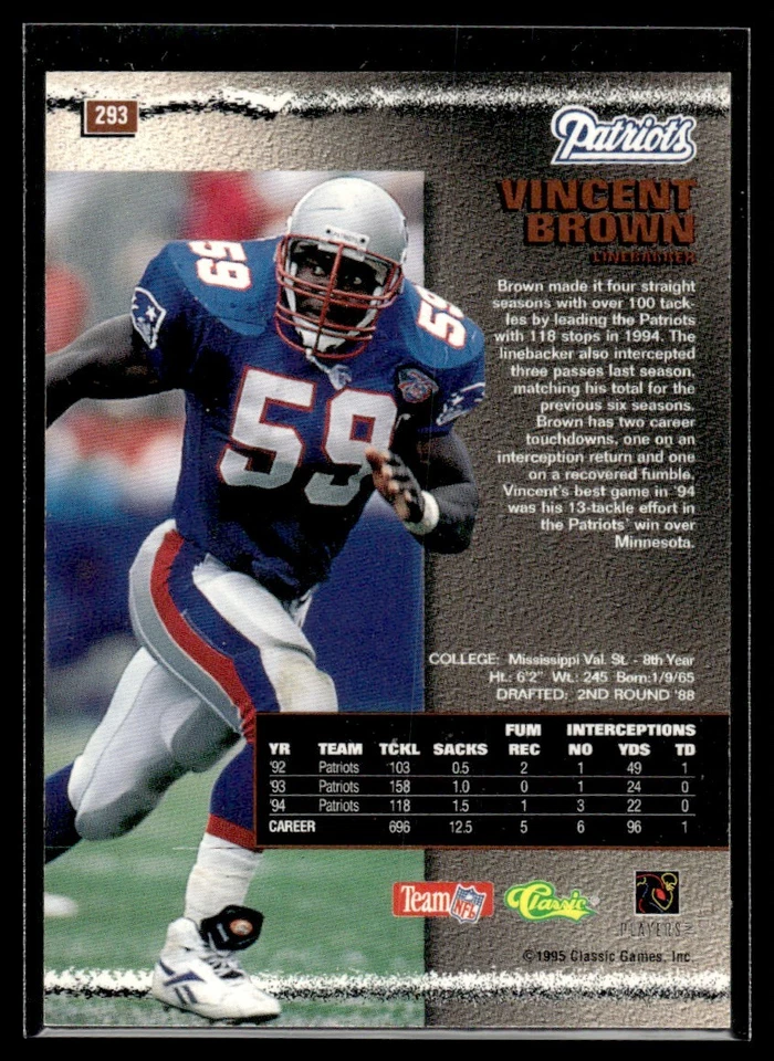 1995 Pro Line Printers Proof Vincent Brown /175 New England Patriots #293 - Image 2 of 2