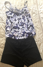 Women s 2 Piece Blue Ruffle Bathing Suit Drawstring Tank with Boyshorts Tankini