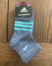 6-PK GIRLS ADIDAS AEROREADY SUPERLITE GREY QUARTER SOCKS LARGE SHOE 5Y-7Y