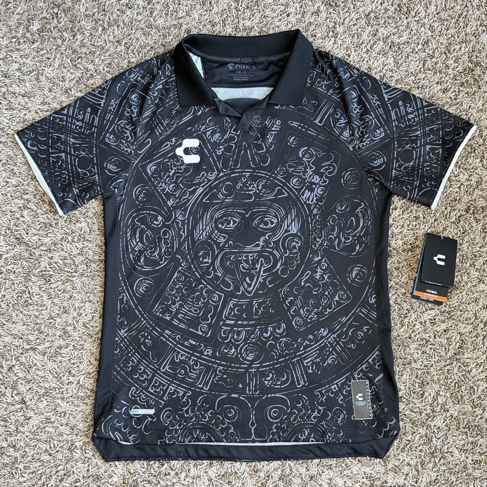 Charly Mexico Aztec Heritage Futbol Polo Shirt Black Soccer Men's Size Small NEW