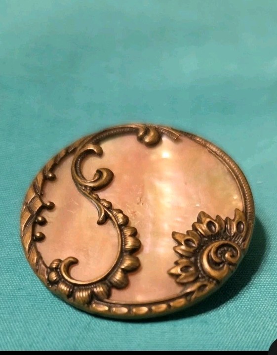 6 ~ Antique Large Brass MOP Mother Of Pearl Floral Shank Button
