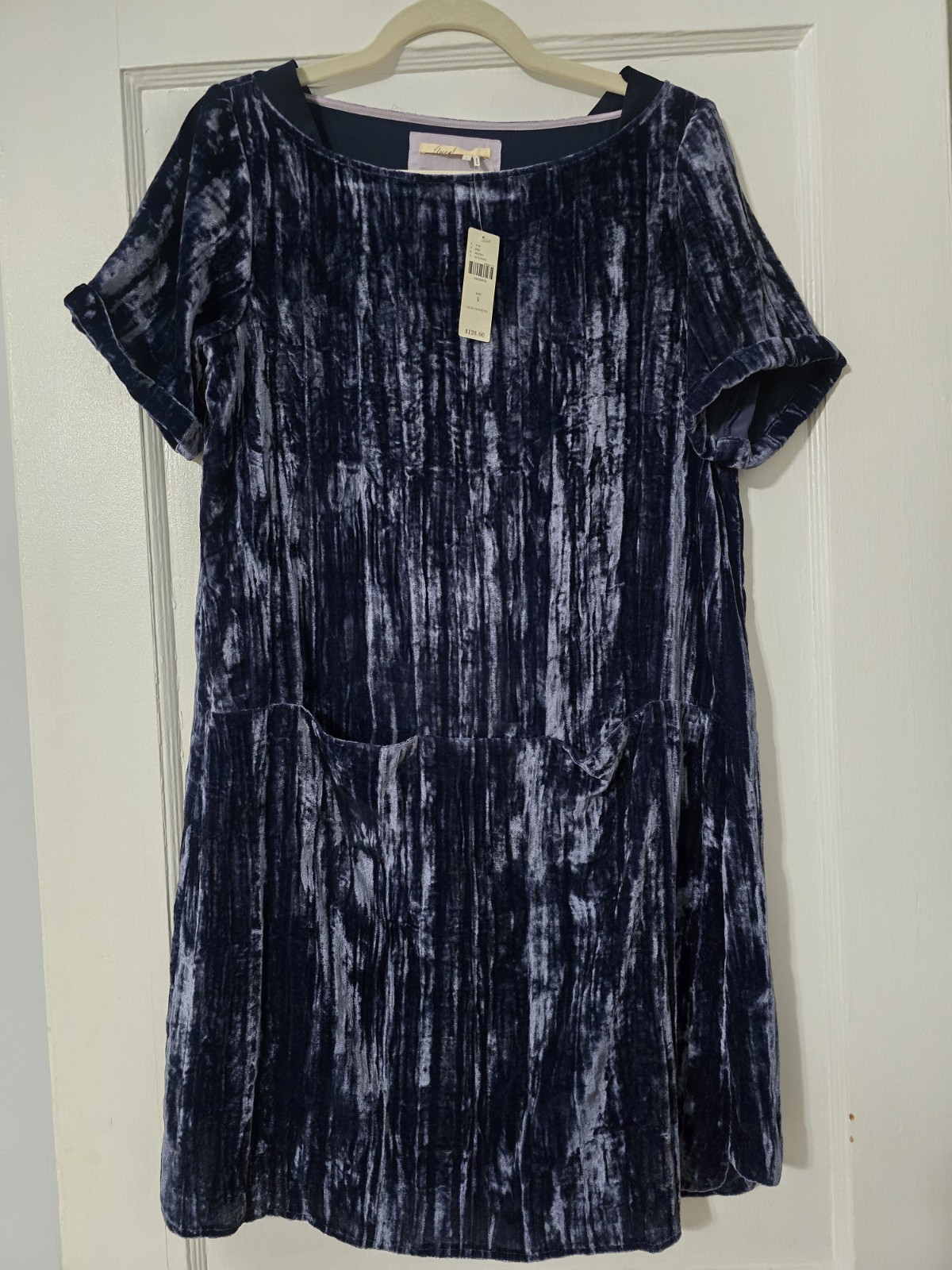 Anthropologie Floreat Blue Crushed Velvet Crinkled Patch Pocket Shift Dress Sm