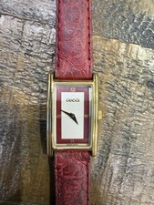 Gucci Gold Plated Rectangle Quartz Watch Red Leather Strap Box Papers