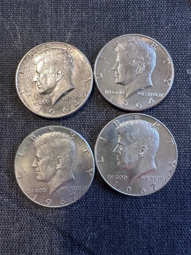 4x LOT Kennedy Halves 1964 (2) & 1967 (2) 90%/40% Silver f-xf-bu