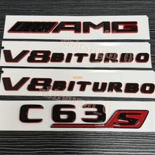 F&uuml;r Benz C63S AMG V8 BITURBO Schriftzug Embleme Aufkleber Schwarz Gl&auml;nz Rot