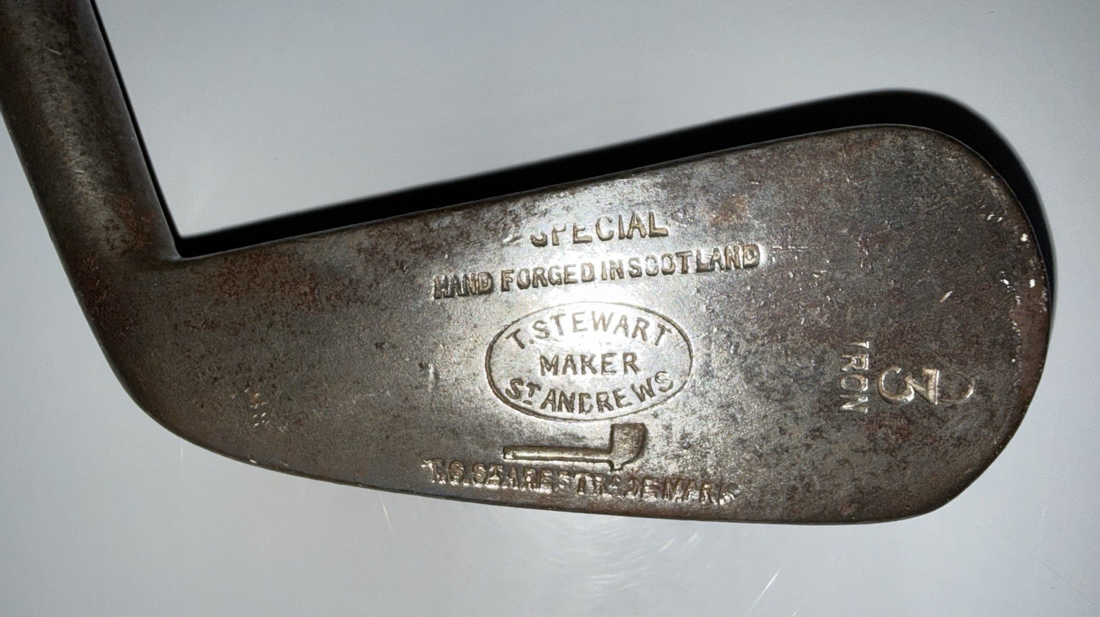 Antique TOM STEWART St. Andrews 3 iron Dot Punch Face-Wood shaft w/original Grip