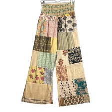 Bohemian Patchwork Wide Leg Pants Size S Smocked Waist Boho Festival Hippie