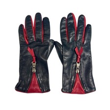 GALERIES LAFAYETTE Vintage Sz 6/6.5 Lambskin Leather Gloves Black/Red   1980s