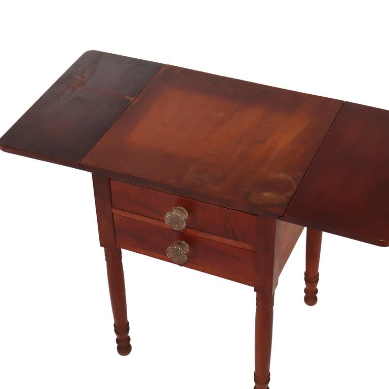 Antique Sheraton Cherry & Tiger Maple Two Drawer Drop Leaf Table C1840