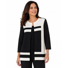 Chicos Travelers Collection Stripe Pattern Open Jacket Black White Crepe 2 NEW