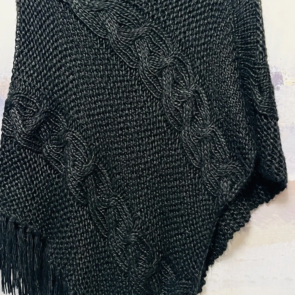 Vtg SASSON Black Crochet Knit Asymmetrical Fringe Poncho Whimsigoth Boho ONE SZ - Image 3 of 4