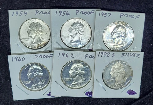 Lot of 6 U.S. Washington Proof Silver Quarters 1954 1956 1957 1960 1962 1998S