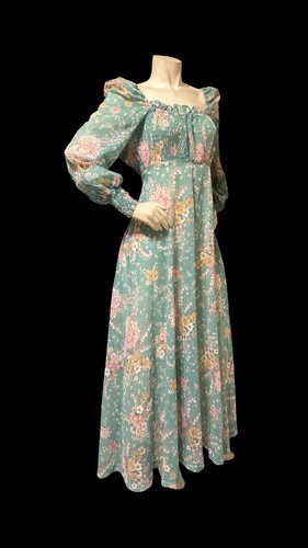 Vintage 70’s Prairie Dress Hippie Green Floral Smocked Maxi Dress Cottage Core - Picture 12 of 20