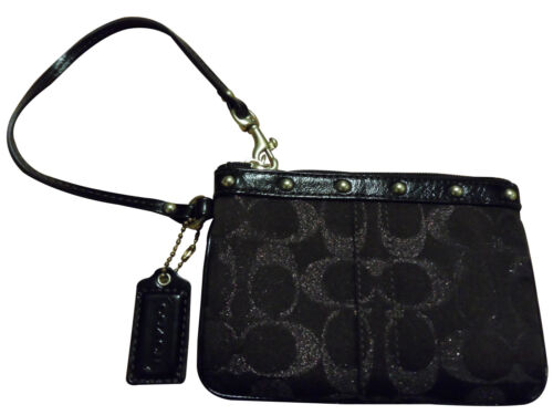 COACH SIGNATURE STRIPE LUREX STUDDED WRISTLET / COINS PURSE 42097 BROWN NWT