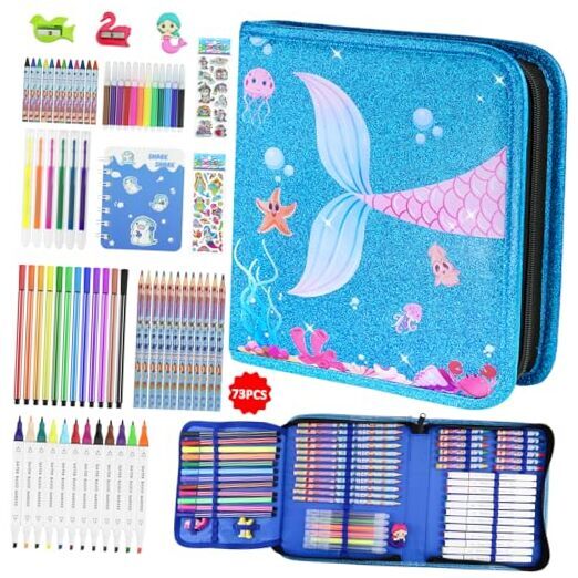 Markers Set with Glitter Pencil Case, 73 Pcs Art and Craft Supplies Mermaid-image