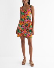 New Express Floral Scoop Neck Wrap Front Tie Mini Sheath Dress Small