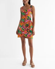 New Express Floral Scoop Neck Wrap Front Tie Mini Sheath Dress Small