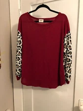 BiBi Women’s Waffle Texture Top,Long Sheer Leopard Print Ballon Sleeves,Wine, Sm