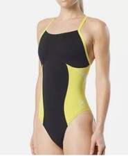 Speedo Women's Spark Splice Flyback Swimsuit Black/Yellow Sz 28 NWT 79 BG298