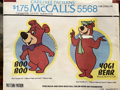 Yogi Bear & Boo Boo vintage iron on transfers. 1976 Hanna Barbera. McCall's 5568
