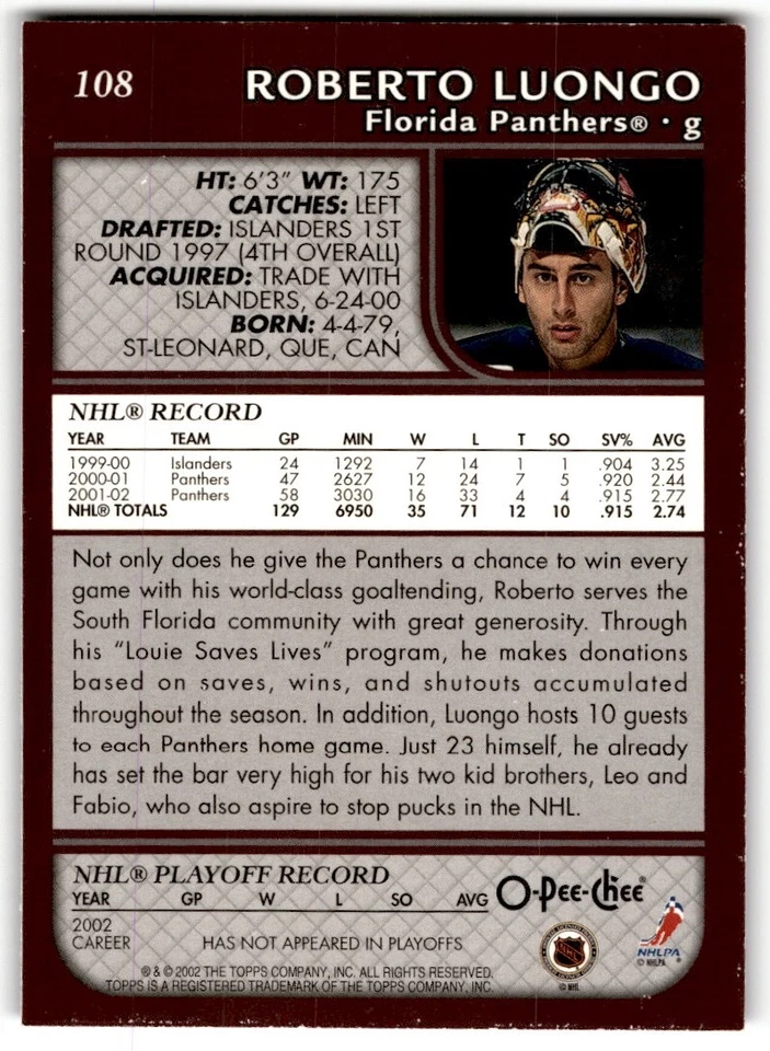 2002-03 O-Pee-Chee Roberto Luongo #108 Florida Panthers - Image 2 of 2