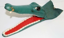 Vintage Hand Made Wooden Carved Painted Green Alligator Hand Puppet Mouth Opens